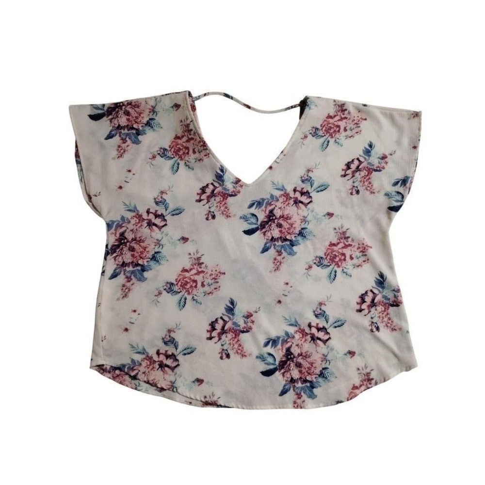 Wishful Park Womens XL Floral V-Neck Strappy Back Short Sleeve Blouse Ivory Pink
